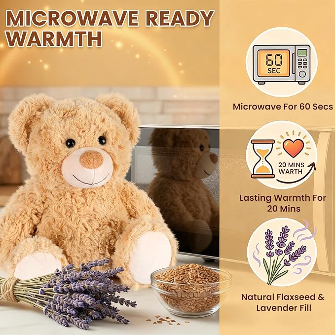 SuzziPals Teddy Bear Stuffed Animals, Microwavable Stuffed Animal Heating Pads for Heat Therapy, Stress Relief Toy for Anxiety, Cuddle, Companion, Bear Plush Gifts for Girls Boys Adults