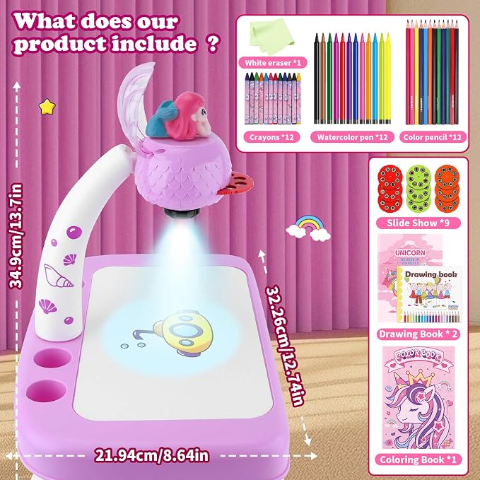 Hoarosall Drawing Projector for Kids, Drawing Board Pad, Color Pens, Pencils, Crayons, Scrapbook etc,Tracing Projector, Ideal Toy for 3+ Year Old Girls (Mermaid Kit)
