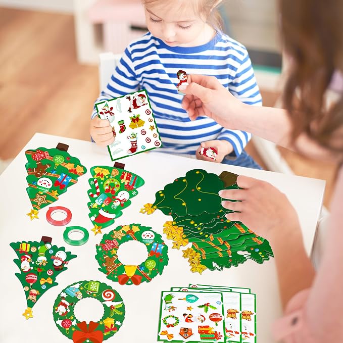 80UncleKimby 60pcs Christmas Crafts for Kids - DIY Xmas Tree Wreath Ornaments with Sticker Kits - Set for Holiday Decorations, Party Favors, and Classroom Activities