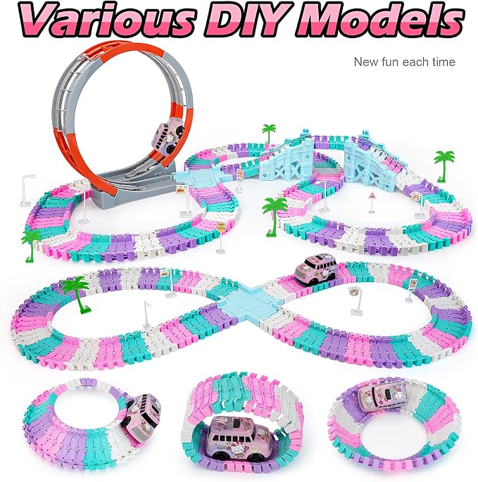 215 PCS Unicorn Race Tracks for Kids Toys, Glow in The Dark Magic Toy Set with 360° Loop Ramp, 1 Unicorn Car Track, Flexible DIY Track Set, Birthday Gift for 3-9 Year Old Boys Girls Toddlers