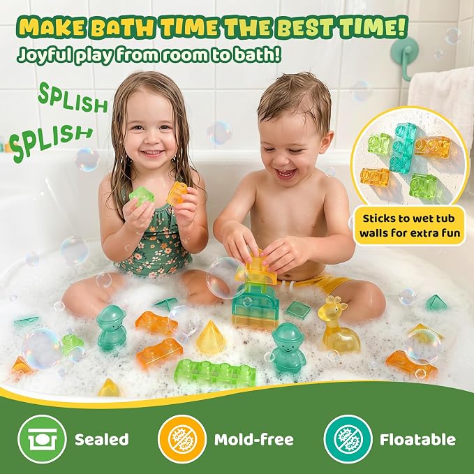 Gummy Bloc Safari Adventure Sensory Soft Building Blocks for Toddlers, 52 PCS Montessori Squishy Stacking Toy Set, Jungle Animal Theme Squeeze Blocks , Non-Toxic STEM Preschool Gift for Boys Girls