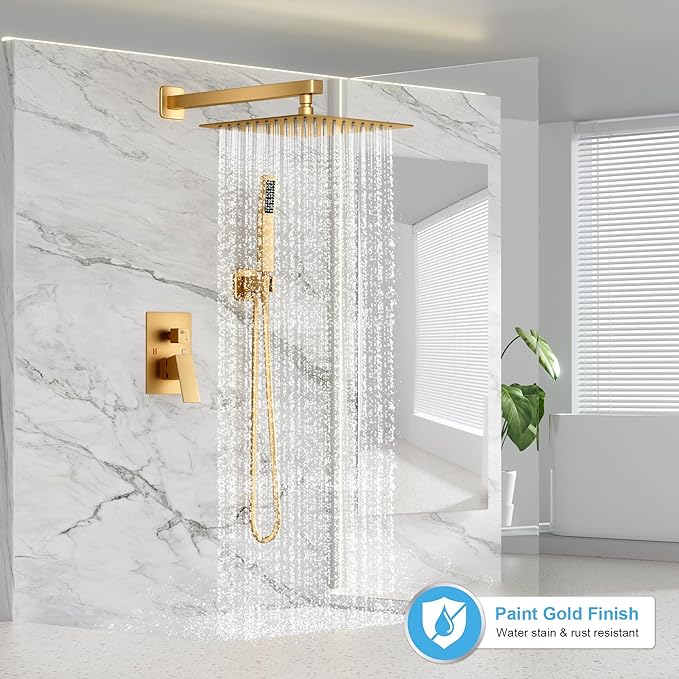 FPXRNG Gold Shower Faucet Set, Rainfall Shower System with Rain Shower Head and Handle Set, Wall Mounted Shower Fixtures, Full Metal Trim Repair Kit 12 inch Paint Gold (With Shower Valve)