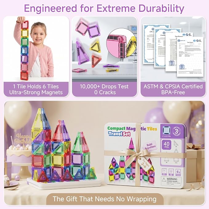 Magnetic Tiles for Kids Travel: 40pcs Portable Mini Building Toy - 30-Sec Iron Case Opens Into 10.6-Inch Play Board - STEM Gift for Toddlers Ages 3-6 - Airplane Road Trip Restaurant