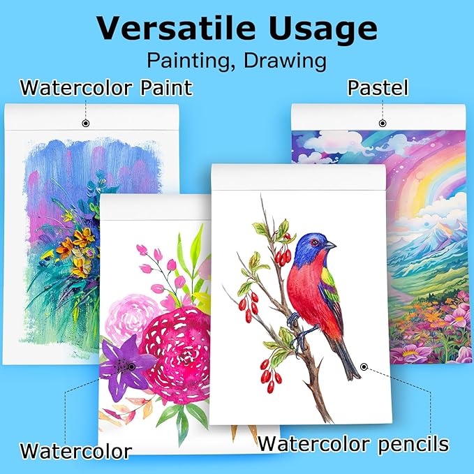 Watercolor Paper Pad 9x12, 140lb/300gsm Cold Press Drawing Paper, 20 Sheets Acid-Free Artist Sketchbook for Wet Media, Gouache & Acrylic, Double Sided Painting Paper (Purple Cover)
