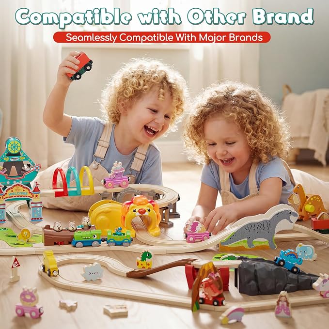 Lehoo Castle Wooden Train Set - Train Track Set with Battery-Operated Dinosaur Train, Lion Tunnel Lights & Sounds, Train Toy Birthday Gift for Boys & Girls Ages 3-7