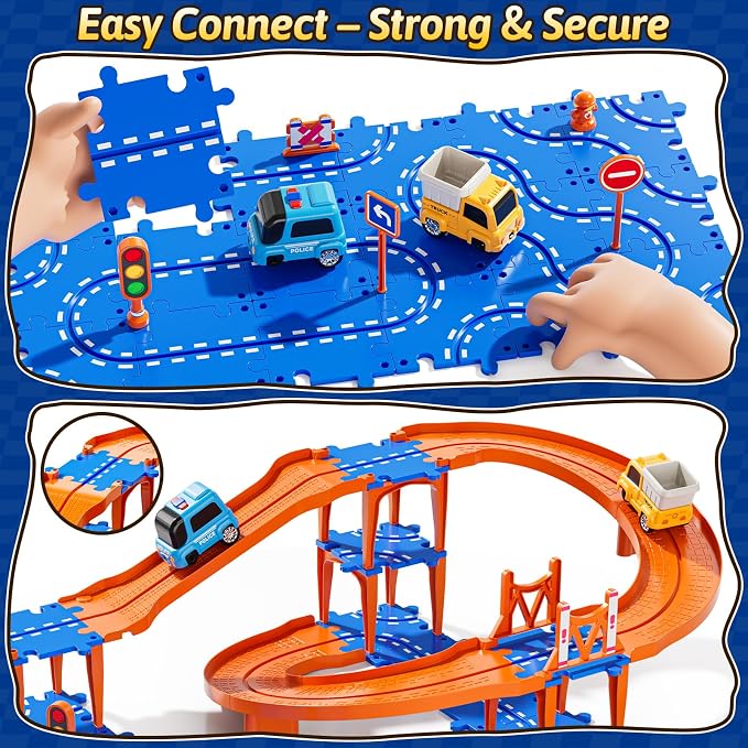Toddler Puzzle Race Cars Track Toys for Kids Age 3-5 2-4 Years, 59PCS Puzzles Car Track Set Includes 2 Cars and Road Signs, Educational Birthday Gifts for Kids, Boys and Girls