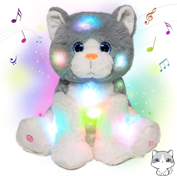 Light-up Singing Plush Cat LED Musical Kitty Stuffed Animal Adjustable Volume Lullaby Plushies Birthday Christmas Toy Gifts for Kids Toddler Girls, 10.5"