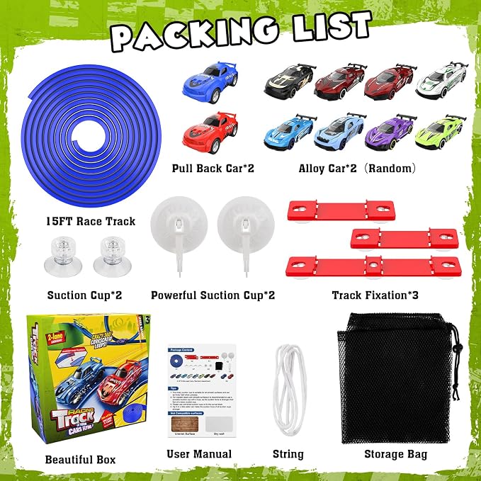 Wupuaait Flexible Race Car Track for Kids, 15Ft Race Track Toy with 4 Cars and Suction Cups, Rolls Up Portable Racetrack Compatible with All 1:64 Cars Toys, Birthday Gifts Toys for Boys Girls