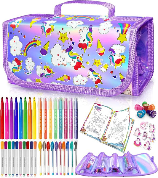 weirtoya 56 PCS Washable Scented Markers with Glitter Pencil Case, Mermaid Unicorn Arts and Crafts for kids 4-6-8 Kids Coloring Drawing Kits for 4-8 Years Old Girls (Purple, 56)