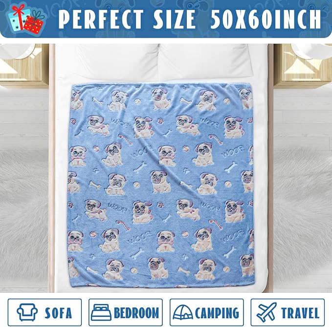 ORDM Glow in The Dark Blanket Dog Pattern Blankets Pug Gifts for Pug Lovers Doggy Throw Blanket Fleece for Kids Adults