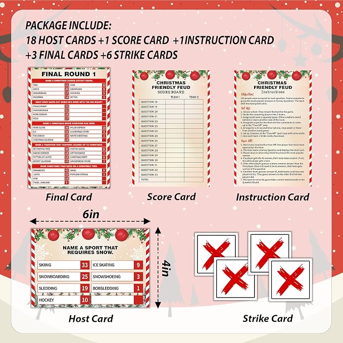 Christmas Friendly Feud Game, Xmas Balls Themed Party Game for Family, Winter Party Supplies and Activities Decorations, Holiday Trivia Games for Large Groups, 1 Pack(01)