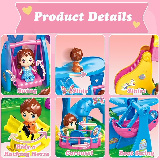 Building Toys Kids Playground Set, Pink Amusement Park Toy Playset with 4 Doll Figures, Swing Slide Rocking Horse & Spinning Ride, Pretend Play Dollhouse for Girls 3 4 5 6 7, Gift for Kids