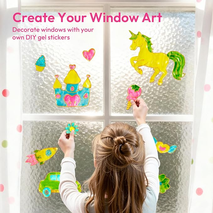 JOVA Klever Kits Gel Art Drawing Board- Window Craft and Stickers, Arts and Crafts for Kids 6 7 8 9 10, Window Clings Making Kits with 2 Tracing Pens and Storage Case, Educational Gifts for Toddler