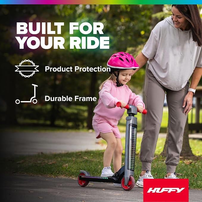Huffy Light Up Inline Scooter for Kids, 2 Wheel Kick Scooter with LED Lights and Rear Brake, Foldable, Adjustable Handlebar on Select Models, Durable Frame, Licensed Character Graphics