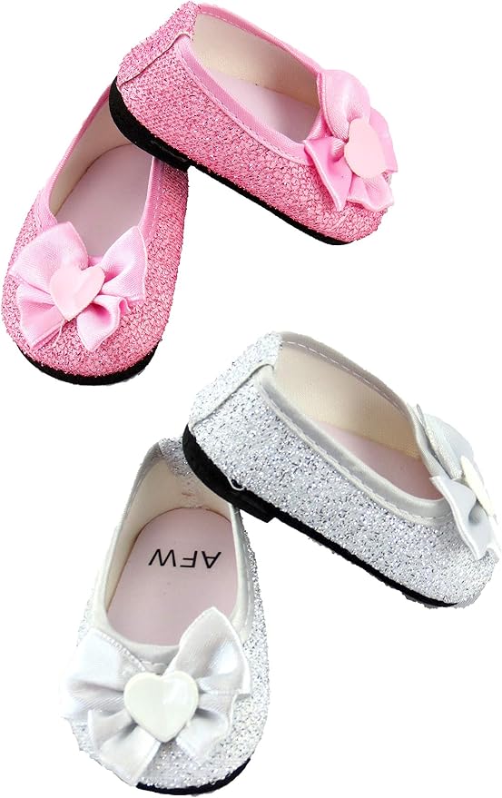 American Fashion World Silver and Pink Bow Flat Shoes for 18 inch Dolls | 2 Pack | Premium Quality & Trendy Design | Dolls Shoes | Shoe Fashion for Dolls for Popular Brands