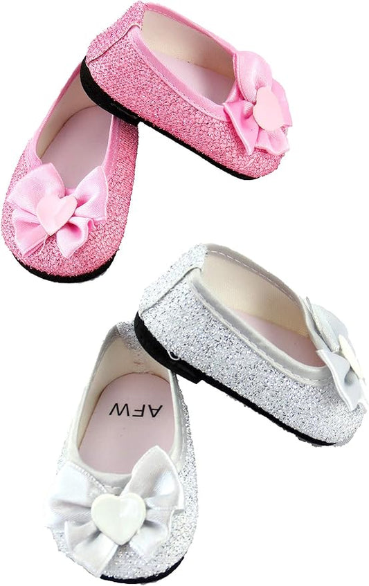 American Fashion World Silver and Pink Bow Flat Shoes for 18 inch Dolls | 2 Pack | Premium Quality & Trendy Design | Dolls Shoes | Shoe Fashion for Dolls for Popular Brands
