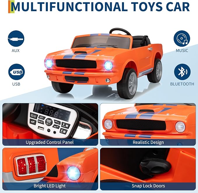 Garvee 24V 2 Seater Ride on Licensed Shelby GT350, Battery Powered Ride on Toys for Kids with Remote Control, Ford Shelby Kids Electric Vehicle 2 Seat, Safety Belt, 2 Speeds, LED Lights, Orange