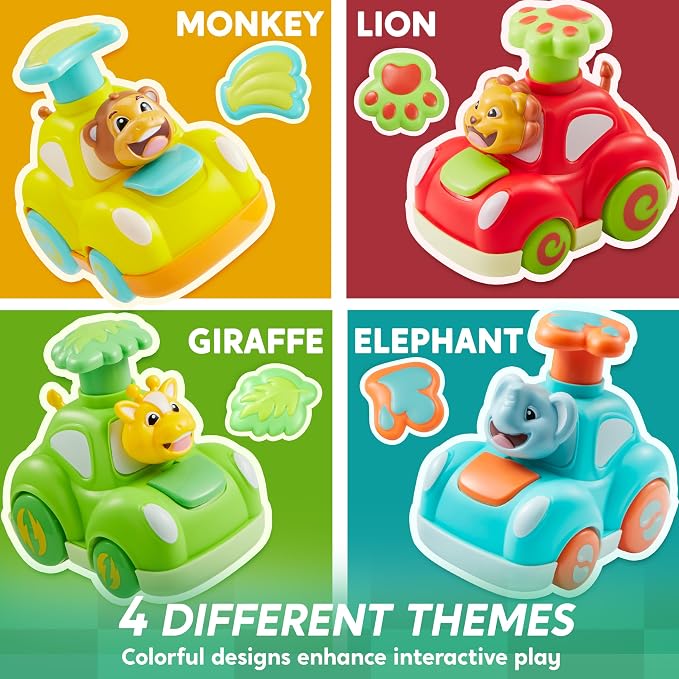 JOYIN Animal Toy Cars, Toddler Toys for Boys Girls, 4 Pack Press and Go Cars Including Elephant, Monkey, Giraffe and Lion, Wind Up Toddler Gift, Birthday Gift for Kids