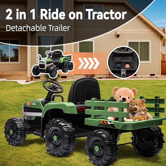 24V Ride on Tractor with Trailer, 400W Electric Car for Kids, Toddler Ride On Toy W/Remote Control, 3 Speed Adjustable, MP3, Bluetooth, LED Light, Green