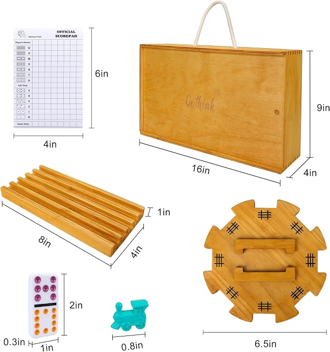 GOTHINK Double 12 Mexican Train Dominoes Set in Wooden Carry Case, Colored Dots Domino Set for Adults Kids and Family, Included 91 Tiles, 9 Trains, Wooden Hub, 8 Holders, 2 Scorepad in Vintage Box