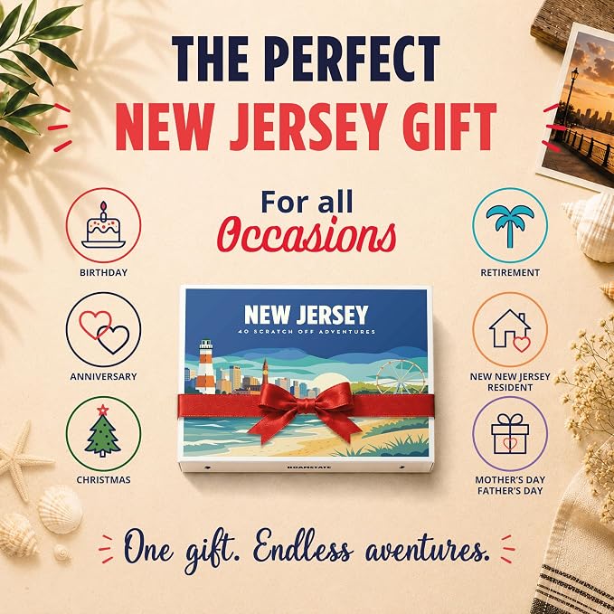 New Jersey Bucket List Scratch Off Cards - 40 Adventure Cards with Region Split Map, Hidden Gems, Scenic Escapes & Local Favorites - Travel Gift for Couples, Families, Friends & Tourists