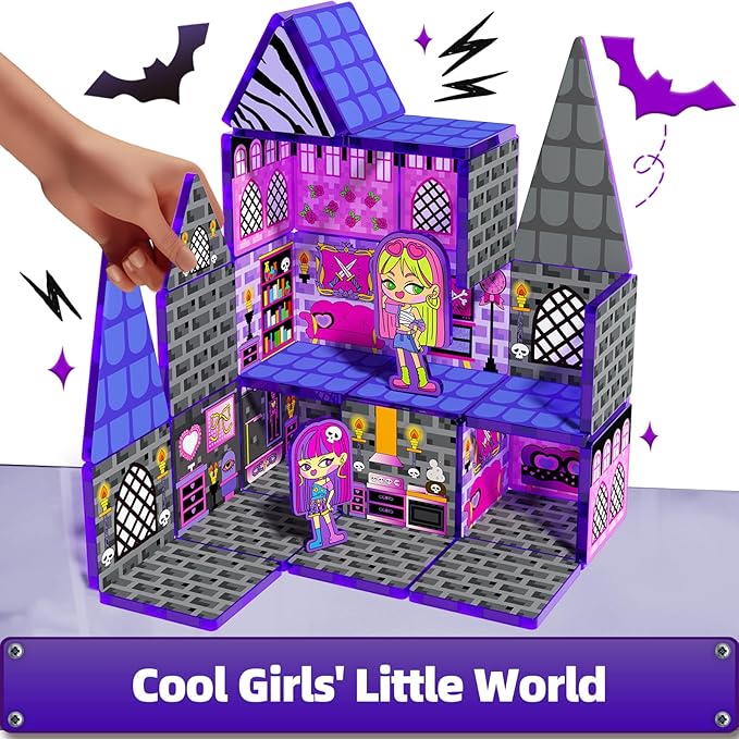 GobiDex Magnetic Doll House Building Toys for Girls with Two Figures, Haunted Castle Magnetic Tiles Playset for Kids Ages 4-8, STEM Sensory Birthday Girls Ages 3+