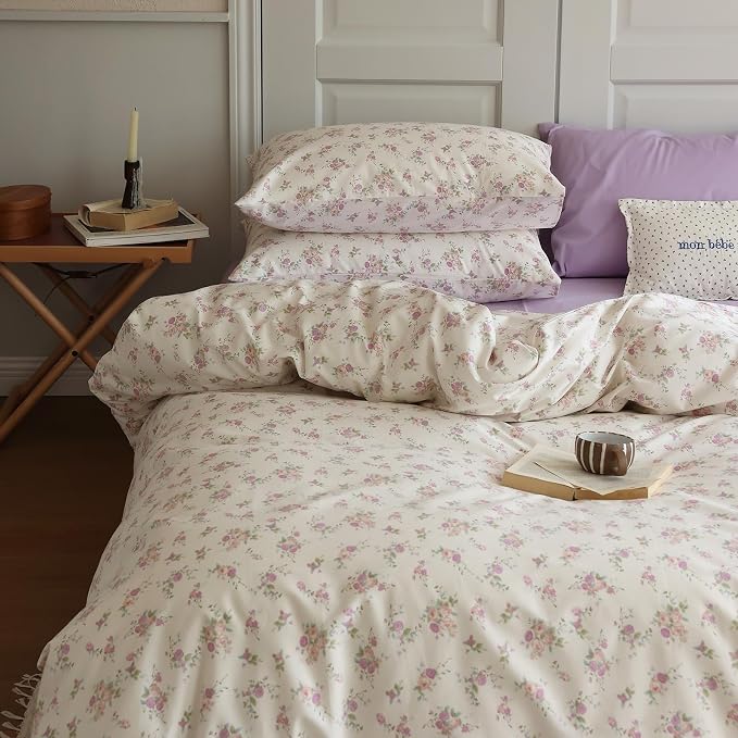 Vintage Garden Floral Comforter Set Full Size Cute Pink Floral Bedding Comforter Soft Fluffy Reversible Botanical Flowers Comforter with 2 Pillowcases Boho Cottagecore Bedding Full Comforter Set