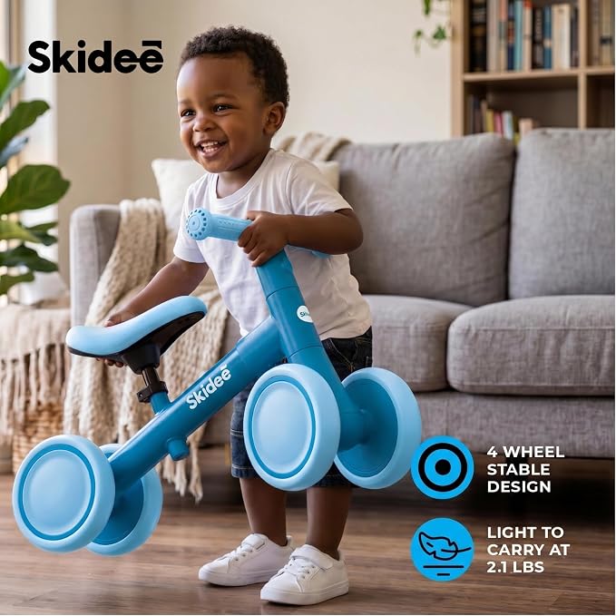 SKIDEE Toddler Balance Bike 1-3, 4-Wheel Balance Bike with Rare Light-Motion-Activated LED Wheels, Adjustable Height & Child Safe Steering, Lightweight Ride-On Toy Training Bike for Boys & Girls
