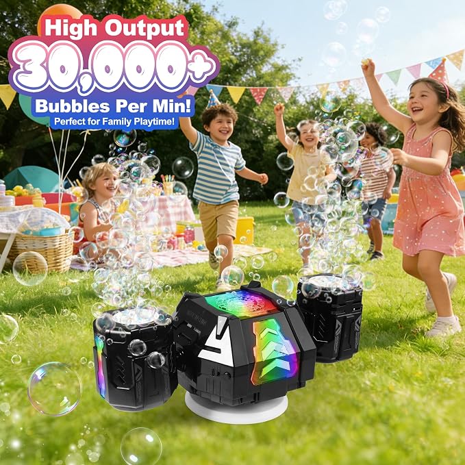 New RC Bubble Machine with RGB Lights, 360° Auto Rotation Bubbles Toy, Rechargeable Battery, Bubble Blower Maker for Kids, Parties, Birthday Gift, Weddings, Indoor Outdoor Activity, Black