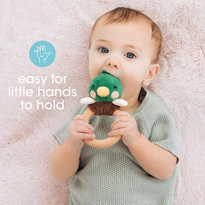 Pearhead Mallard Duck Wooden Baby Teether – Soft Plush Lovey with Natural Wood Rattle Ring, BPA & PVC-Free, Soothes Infant Gums, Multi-Sensory Newborn Essential for Boys, 0+ Months