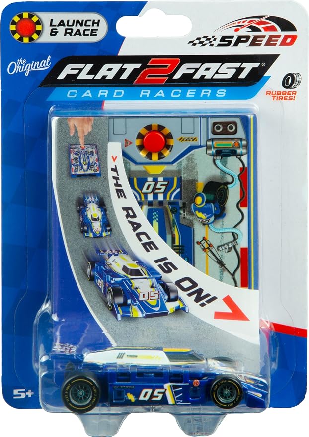 FLAT 2 FAST Original Speed Card Racer – Flat Car Racer and Pocket Size Racecar Launcher with Real Rubber Tires for High-Speed Racing – Transforming Toy Car for Boys – Load, Launch, Race! – Cobalt Blue
