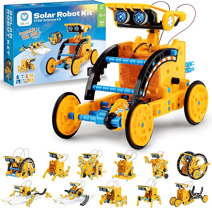 Sillbird Solar Building Robot Kit STEM Gift for Boys Age 8-13, 12-in-1 DIY Educational Science Toys for Kids Birthday, Powered by the Sun Robotics Set with 190 Pieces