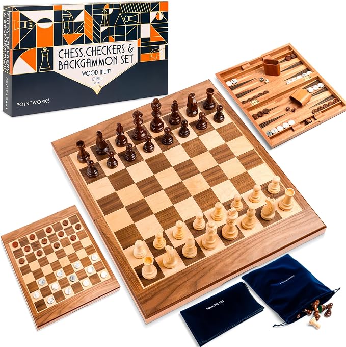 Pointworks 17 Inch Chess Checkers Backgammon Set for adults, Wooden chess set combo, portable folding two sided board multi game design, maple walnut inlay with large weighted pieces, acrylic checkers