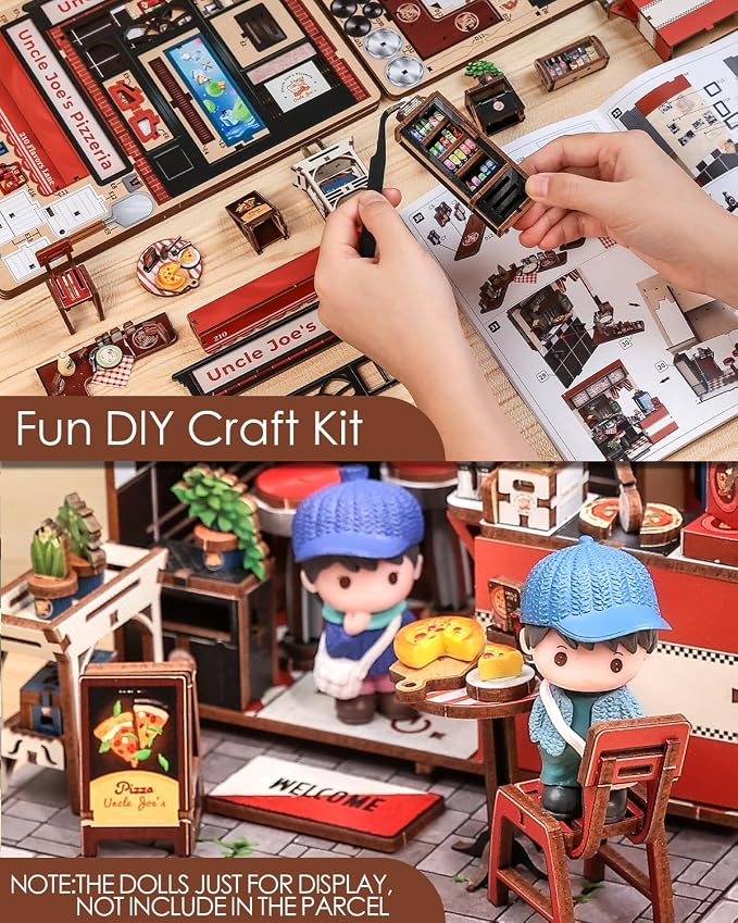 Cutefun Book Nook Kit - DIY Miniature Pizza Shop Booknook Kits for Adults and Teens, 3D Wooden Puzzle Bookend Bookshelf with LED Light, Creative Crafts Gifts for Beginners (Uncle Joe's Pizzeria)
