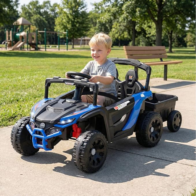 Costzon Kids Ride On UTV Car with Detachable Trailer, 12V Battery Powered Electric Vehicle with Remote Control, 3 Speeds, LED Lights, Music, Horn, Off-Road UTV for Boys & Girls (with Trailer,Blue)