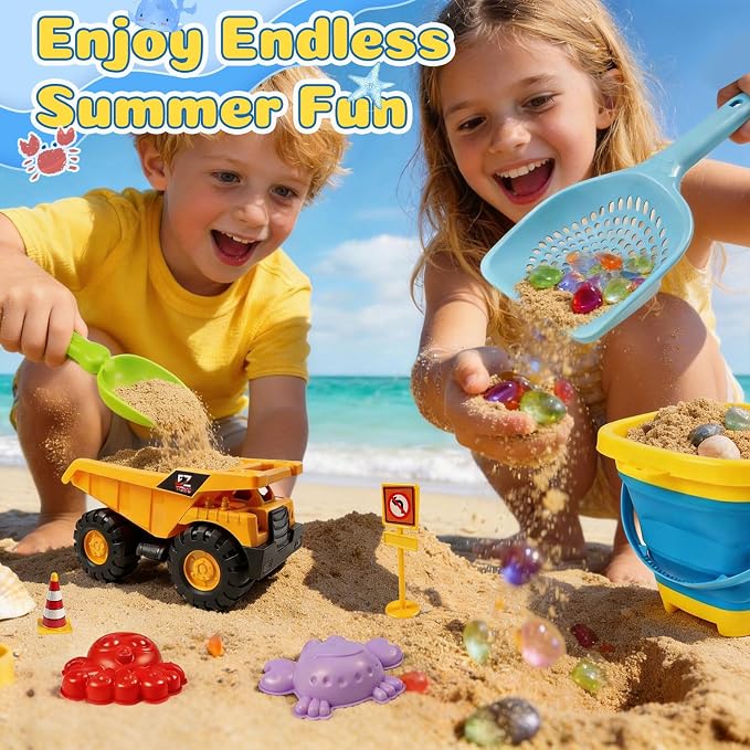 UBeesize 37 PCS Beach Toys , 3-in-1 Construction & Treasure Hunt Sand Toys with 2 Collapsible Buckets, 2 Trucks, Castle Building Kit, Sand Sifter and Shovels, Mesh Bag Sandbox Toys for Toddler 3-10