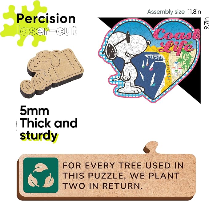 Peanuts Puzzles for Adults – 200 Pieces Unique Heart Shaped Snoopy Wooden Jigsaw Puzzles, Challenging Gift for Family & Friends, 5MM Thick, Officially Licensed Merchandise – Summer Vibe, 11.8" x 9.7"