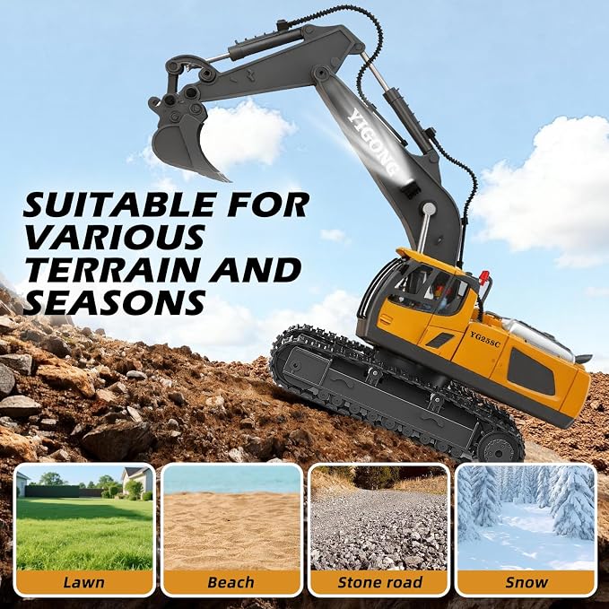 Remote Control Excavator Toy for Boys, 11-Channel Metal Construction Truck with Lights, 2 Batteries, 120-Min Playtime, RC Excavator Toys for Kids Ages 3-12, STEM Gift for Birthday
