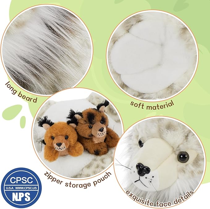 Muiteiur 5 Piece Lynx Stuffed Animals, Soft Bobcat Stuffed Animals with Babies,18-inch Cute Plush Toy for Kids Girls Boys, Fun Gift for Birthday Children Day (White)