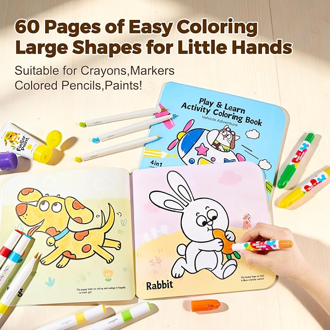 Jar Melo Animal & Vehicle Coloring Books for Toddlers Ages 2–4, 2 Pack Easy Activity Set for Learning, Includes Colorful Backgrounds, Stickers & Reward Certificate
