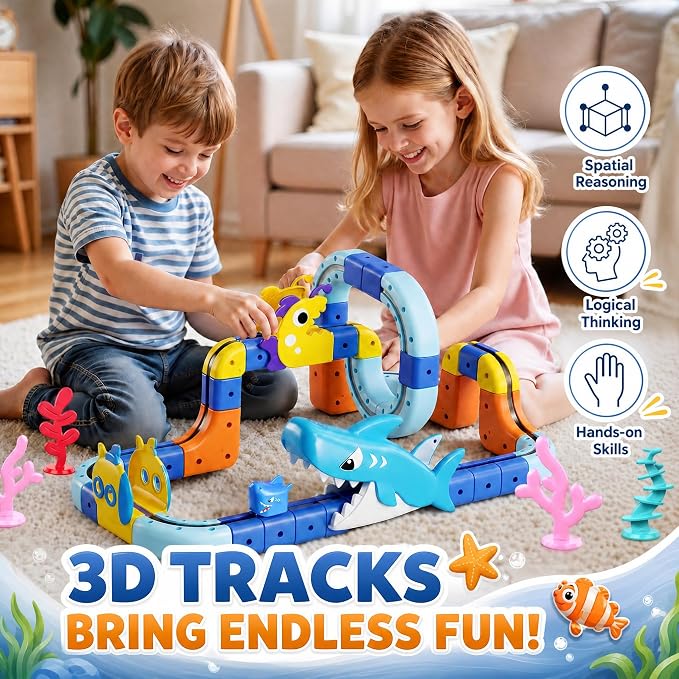 Shark Electric Train Set Toys for Boys Girls 3-5: 3D Infinity Rail Cube Tracks for Kids Anti-Gravity Magnetic Train Easter Birthday Gifts STEM Toys for 3 4 5 6 7 8 Year Old Boy Girl (117PCS)