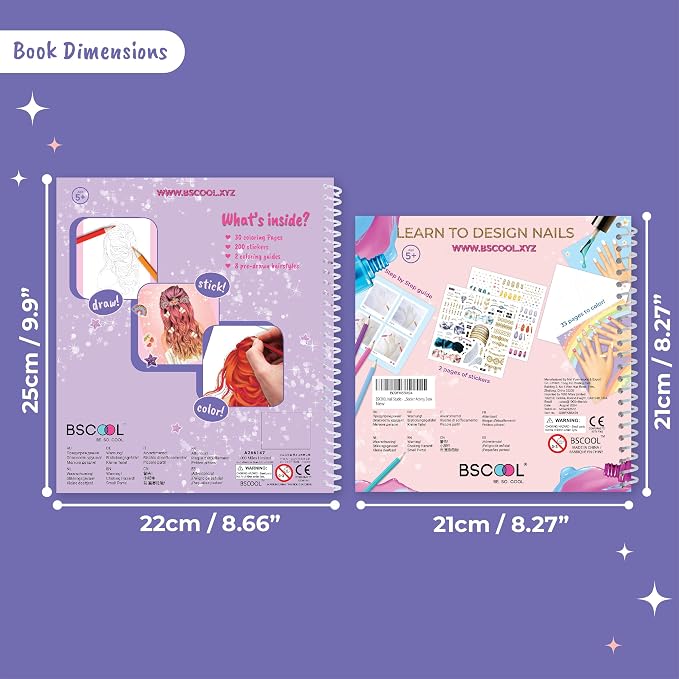 BSCOOL Create Hairstyles & Nail Designs Book Set for Girls Ages 5 and Up – Hair Design & Nail Art Sticker Books with Guides – Creative Birthday Gift for Kids