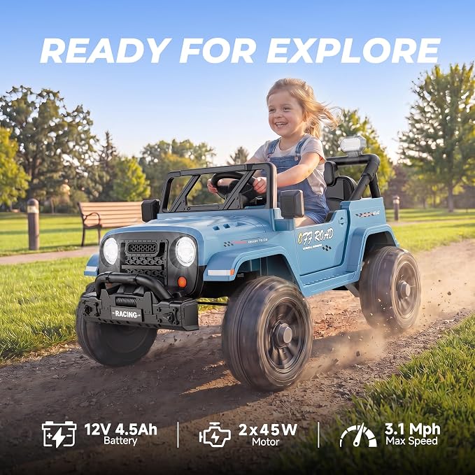 ARBELI 12V Ride On Truck Car with Remote Control, Kids Electric Vehicles with Bluetooth Music, Horn, 3 Speeds, 4 LED Lights, Soft Start, Ride on Toys for Toddler Boys & Girls (Blue)
