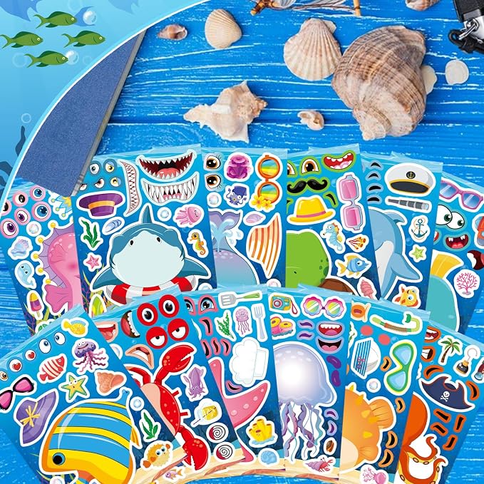 24 Sheets Ocean Stickers for Kids, Make Your Own Ocean Animals Stickers for Kids, Toddlers Classroom Art Crafts, Summer Birthday Party Favors