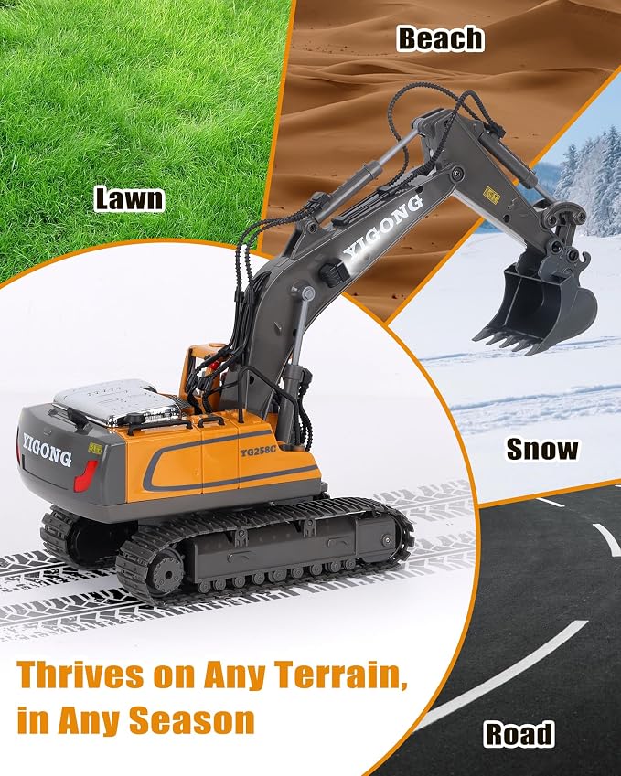 HuiJuKeJi 11-Channel Remote Control Excavator Toy, Rechargeable 2.4 GHz RC Construction Vehicle for Kids, 680° Rotation | Metal Shovel | Lights & Sounds, for Boys Ages 6-12