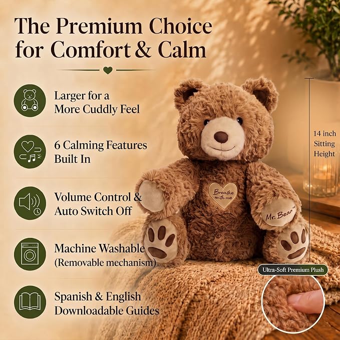 Breathing Teddy Bear Stuffed Animal for Anxiety Relief - Cuddly Breathing Plush with Calming Sounds and Gentle Light - Sleep Companion for Kids 3+, Teens and Adults - Machine Washable