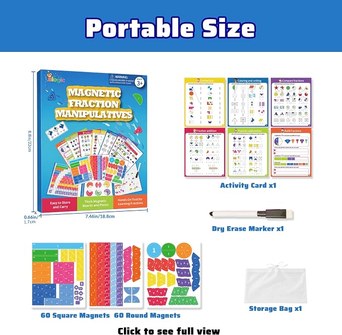 Magnetic Fraction Book 164 Pcs Tiles Circles Manipulatives Toy for Kids | Montessori Math Learning Toy Christmas Birthday Easter Gifts for Kids Grades K-3 with 3 Activity Sheets & Marker