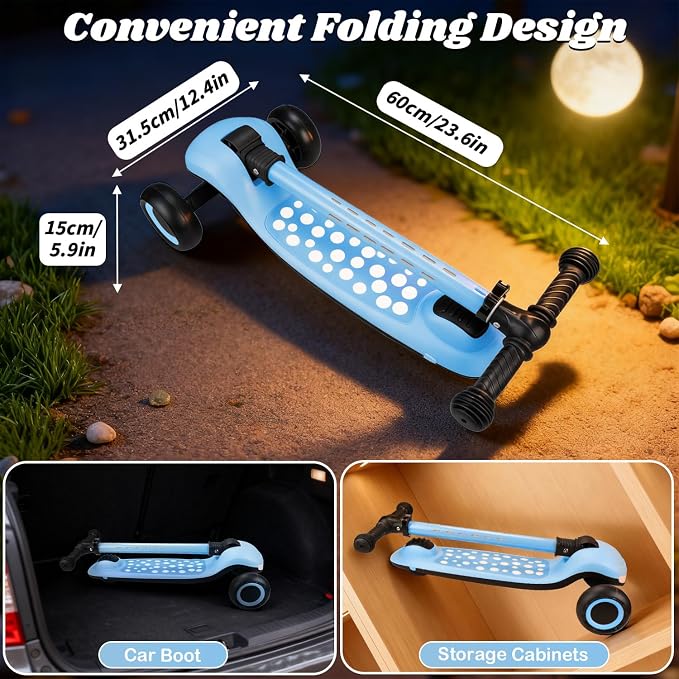Light Up 3 Wheel Kick Scooter for Kids Toddlers with LED Sync Lights, Flashing Stem & Wide Polka Dot Deck Adjustable Height Music Function Safe Sturdy Folding Scooter for Kids