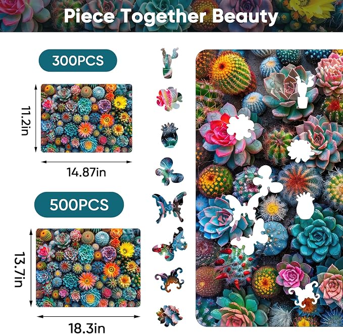 Mys Aurora Puzzles for Adults Cactus World Wooden Puzzles, 300 Pieces Unique Shaped Succulent Jigsaw Puzzles, Birthday for Adults and Kids, Fun Family Game 14.87'' x 11.2'' Medium Size
