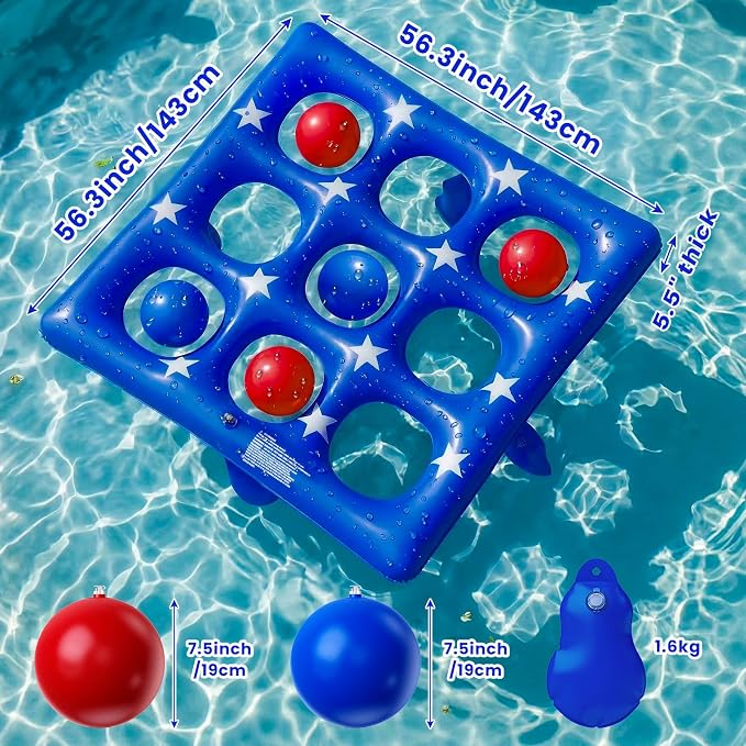 Pool Party Toys Games Set - Giant Inflatable Tic Tac Toe Float Game, Outdoor Pool Games for Adults Kids Family Pool Toys for 2-10 Players, Fun Swimming Beach Yard Activities with 10 Balls for Ages 6+